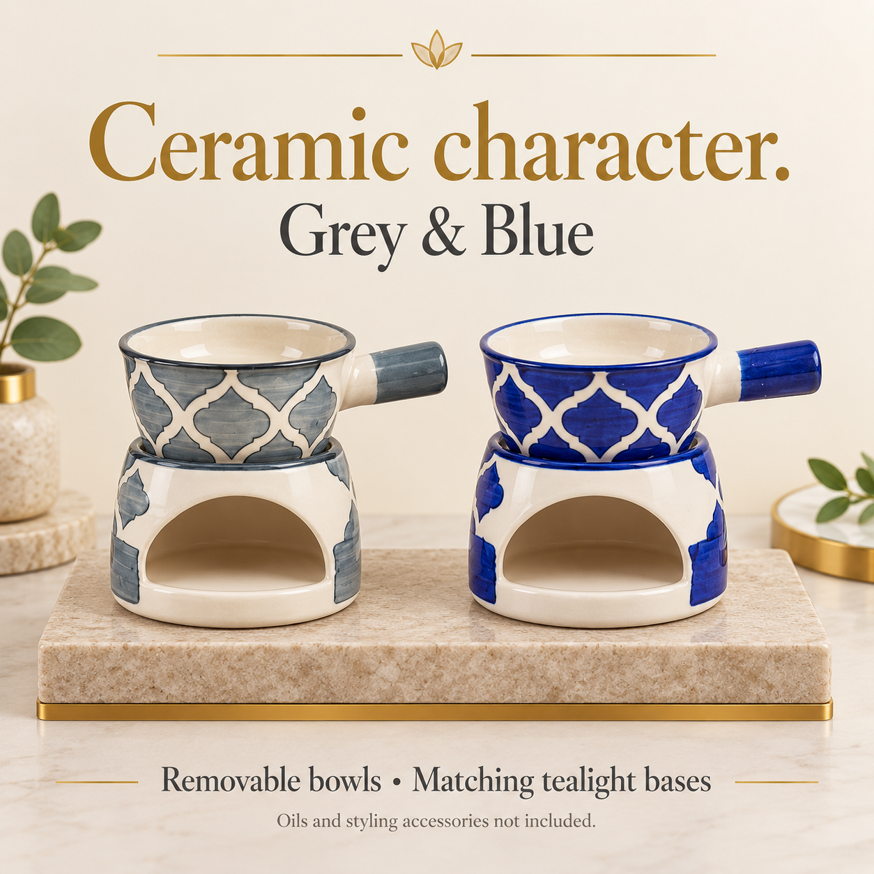 KunhaR Ceramic Aroma Diffuser and Oil Burner Pack of 2, 180 ML, Multi-Purpose Fondue for Essential Oils, Camphor and Wax Melts, Home Office Meditation Use (Grey & Blue) - Image 4