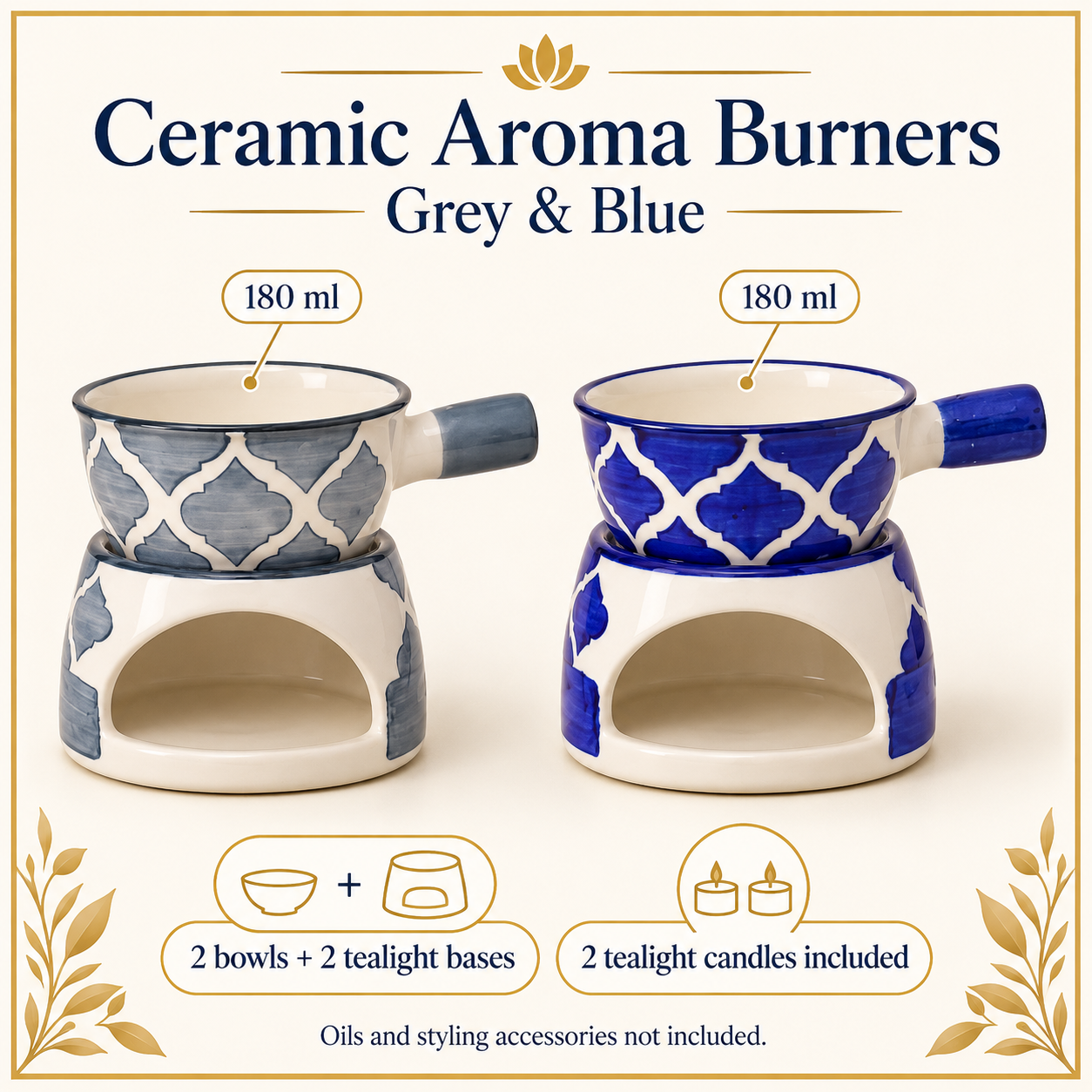 KunhaR Ceramic Aroma Diffuser and Oil Burner Pack of 2, 180 ML, Multi-Purpose Fondue for Essential Oils, Camphor and Wax Melts, Home Office Meditation Use (Grey & Blue) - Image 6