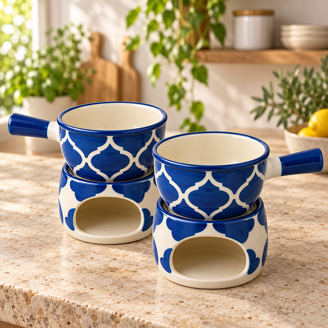 KunhaR Ceramic Fondue Set Pack of 2 with Tea Light Warmers | Two Ceramic Fondue Pots for Chocolate, Cheese & Dessert Dips | Blue