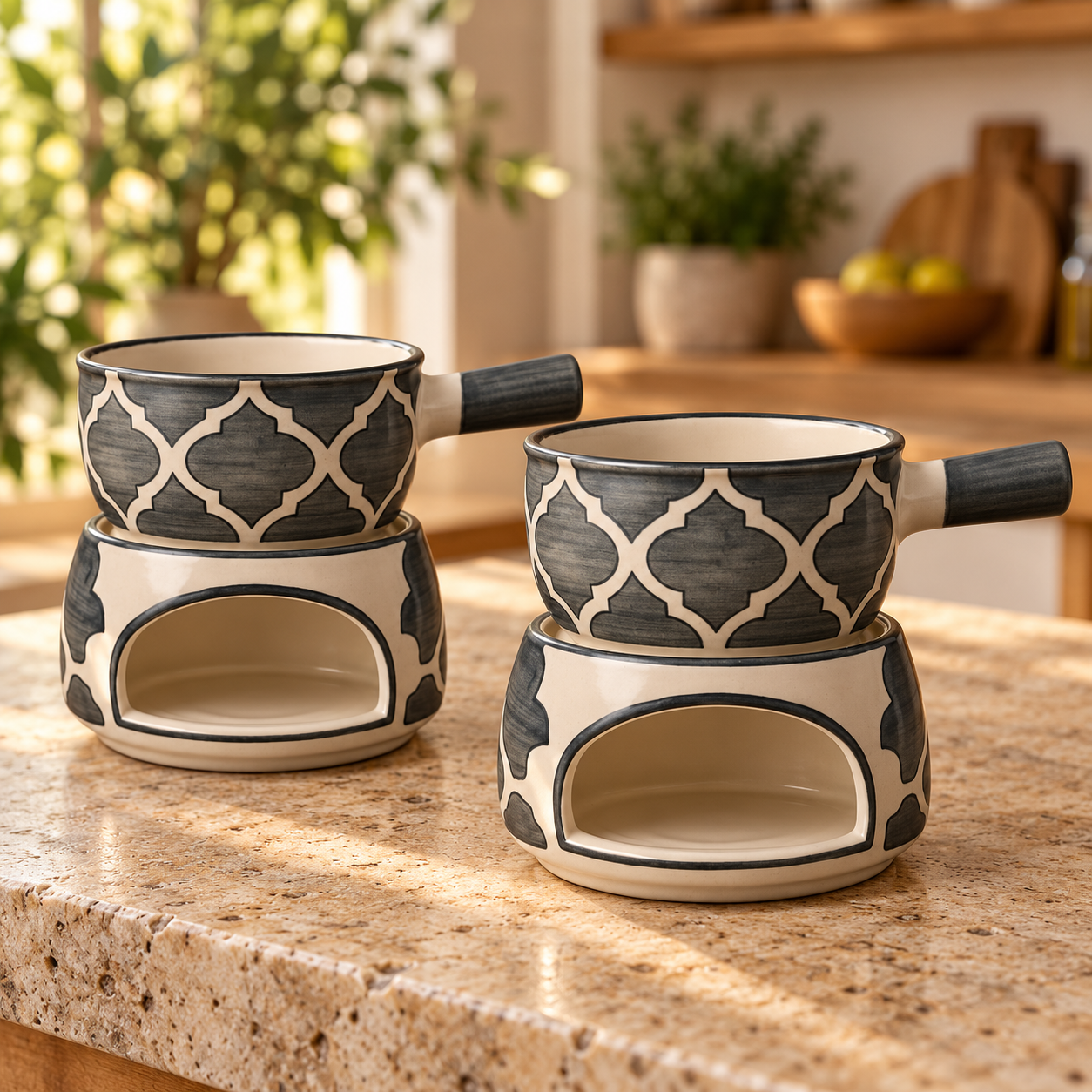 KunhaR Ceramic Fondue Set Pack of 2 with Tea Light Warmers | Two Ceramic Fondue Pots for Chocolate, Cheese & Dessert Dips | Grey