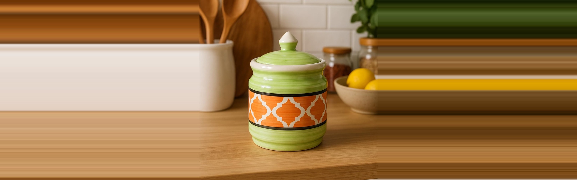 Kunhar Ceramic Jars (600ML) – Handcrafted Multipurpose Barni with Lid for Pickle, Chutney, Spices, Salt, Sugar – Kitchen Storage Containers, Green Orange