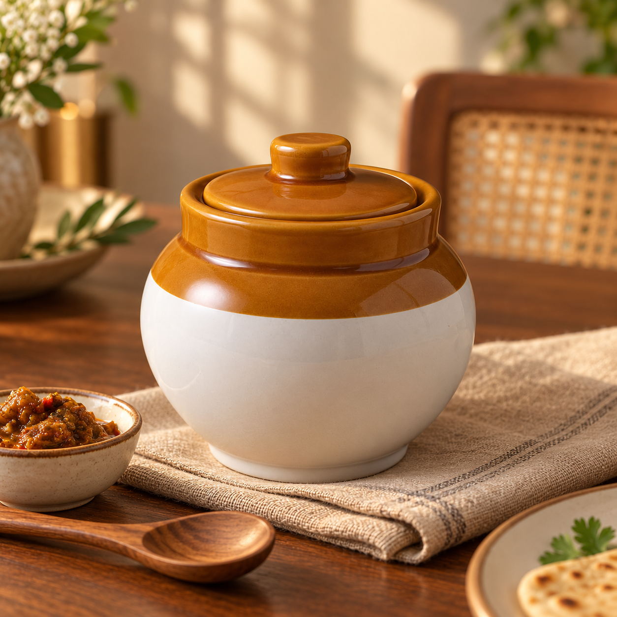 KunhaR Ceramic Storage Jar with Lid, 400 ml, 1 Piece, White and Brown Barni for Pickles, Spices, Salt and Sugar