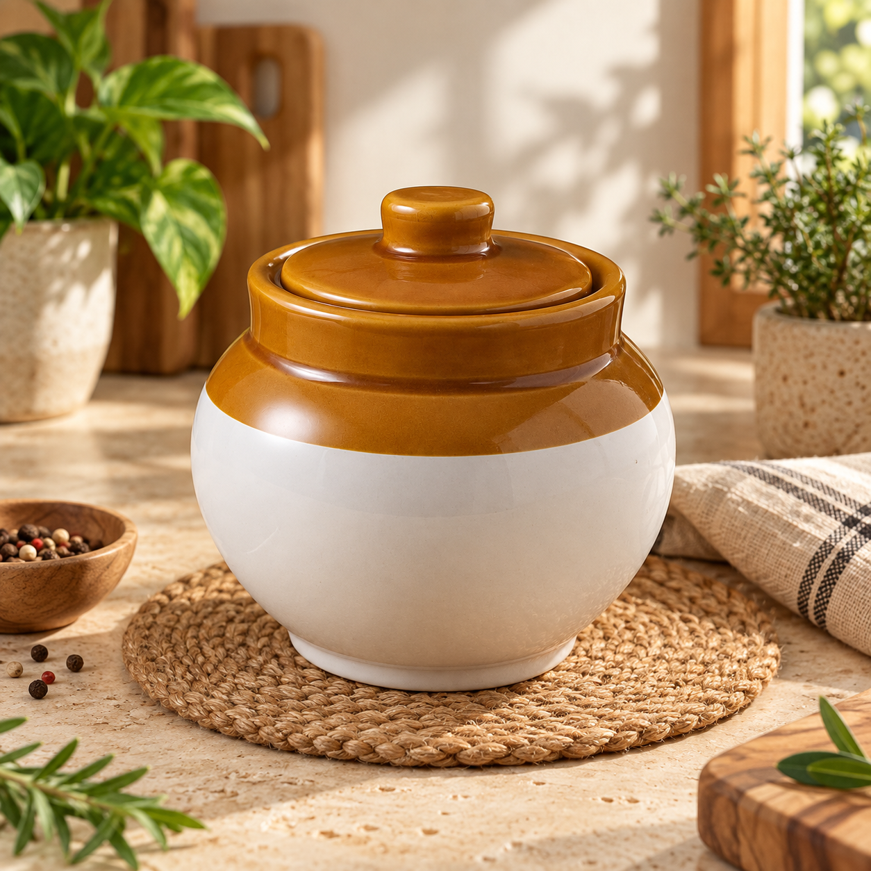 KunhaR Ceramic Storage Jar with Lid, 400 ml, 1 Piece, White and Brown Barni for Pickles, Spices, Salt and Sugar - Image 2