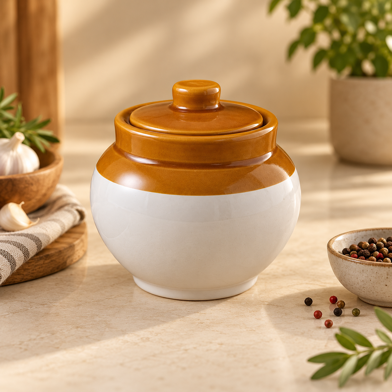 KunhaR Ceramic Storage Jar with Lid, 400 ml, 1 Piece, White and Brown Barni for Pickles, Spices, Salt and Sugar - Image 3