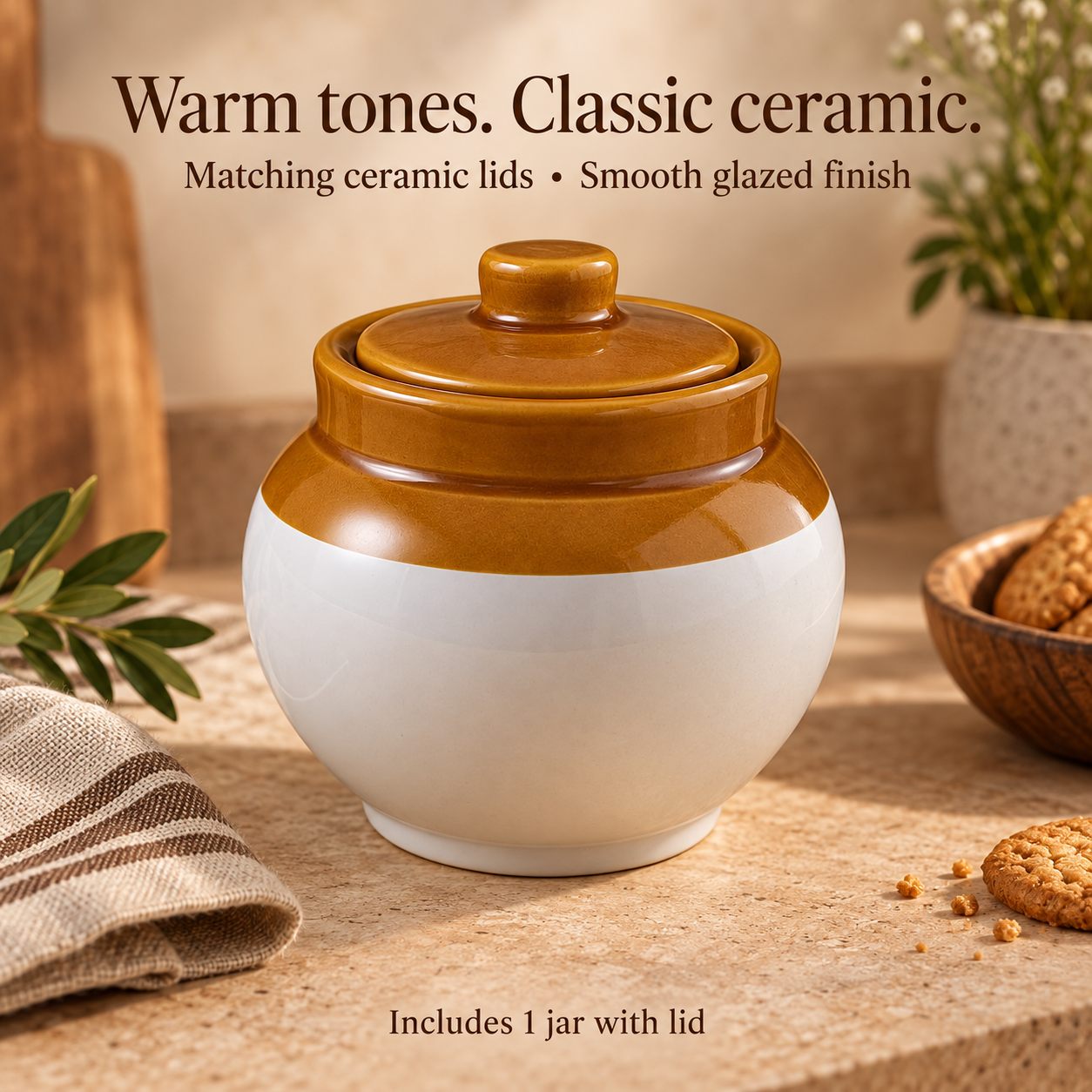 KunhaR Ceramic Storage Jar with Lid, 400 ml, 1 Piece, White and Brown Barni for Pickles, Spices, Salt and Sugar - Image 4