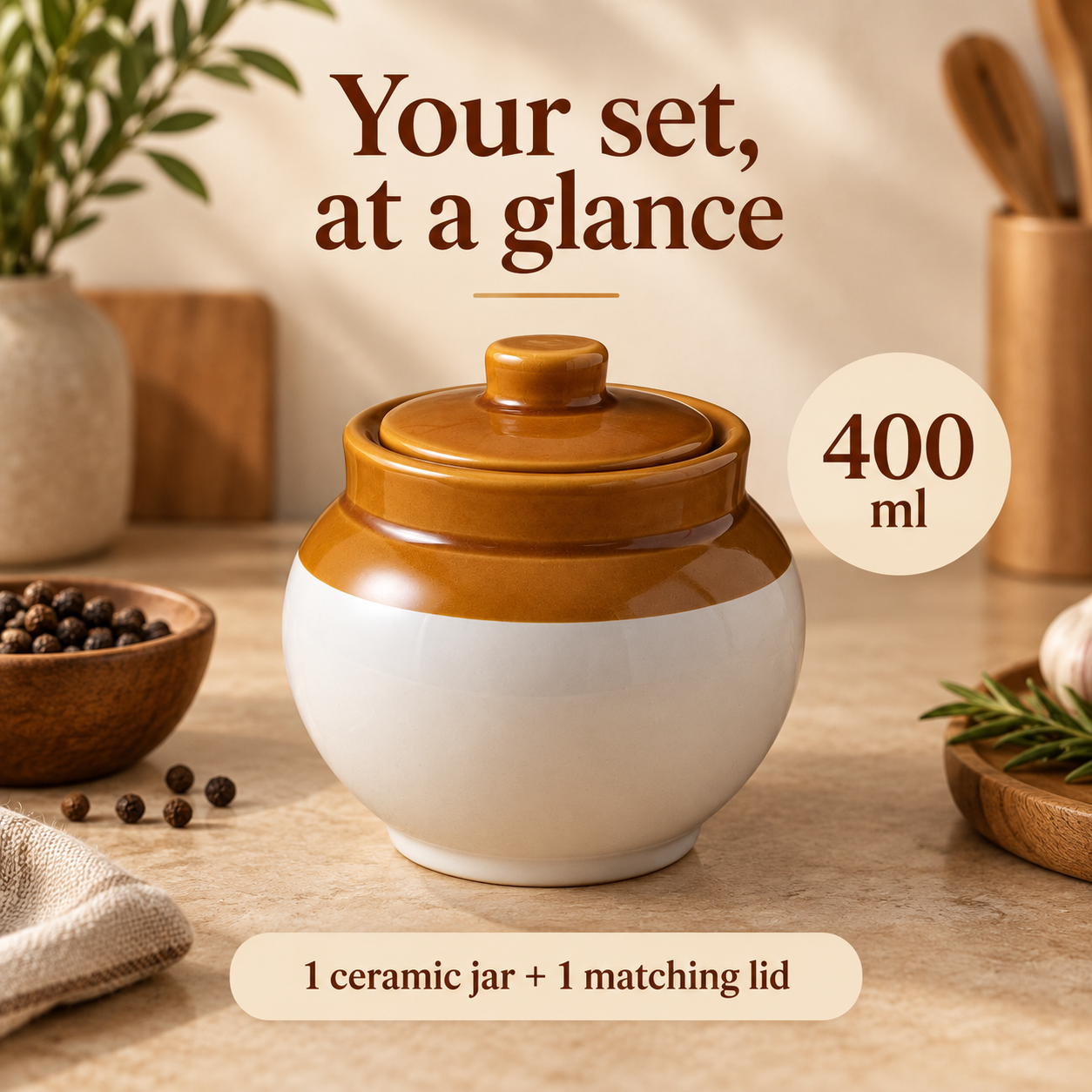 KunhaR Ceramic Storage Jar with Lid, 400 ml, 1 Piece, White and Brown Barni for Pickles, Spices, Salt and Sugar - Image 6