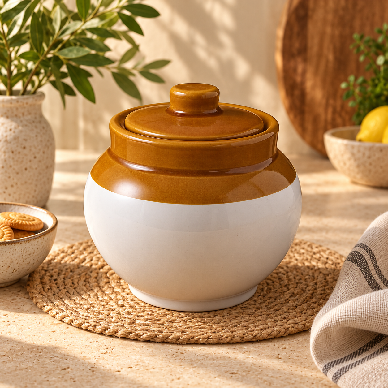 KunhaR Ceramic Storage Jar with Lid, 750 ml, 1 Piece, White and Brown Barni for Pickles, Spices, Salt and Sugar - Image 2