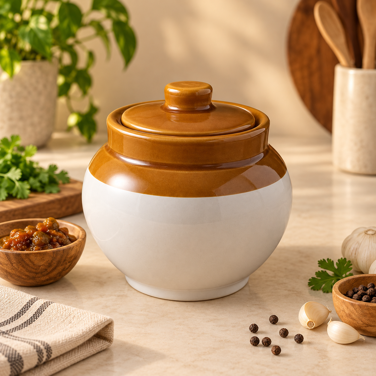 KunhaR Ceramic Storage Jar with Lid, 750 ml, 1 Piece, White and Brown Barni for Pickles, Spices, Salt and Sugar - Image 3