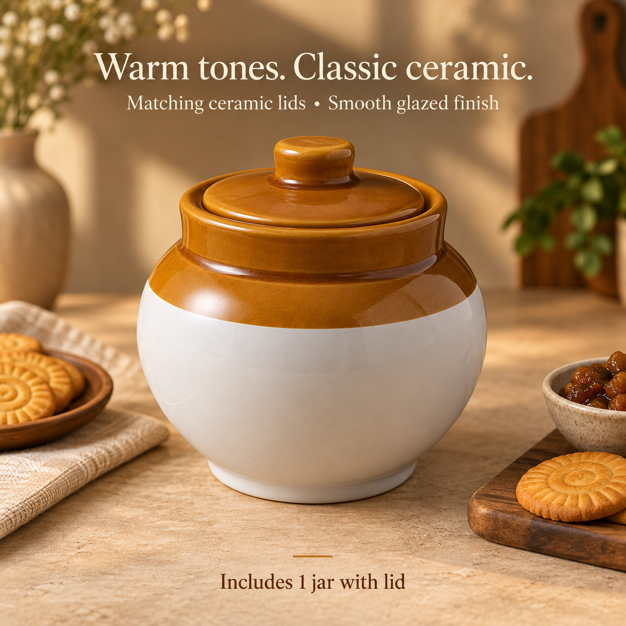 KunhaR Ceramic Storage Jar with Lid, 750 ml, 1 Piece, White and Brown Barni for Pickles, Spices, Salt and Sugar - Image 4