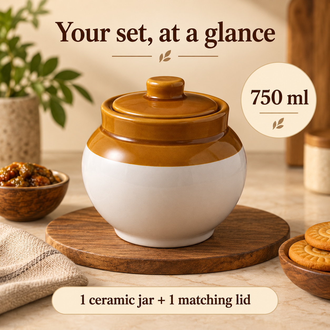 KunhaR Ceramic Storage Jar with Lid, 750 ml, 1 Piece, White and Brown Barni for Pickles, Spices, Salt and Sugar - Image 6
