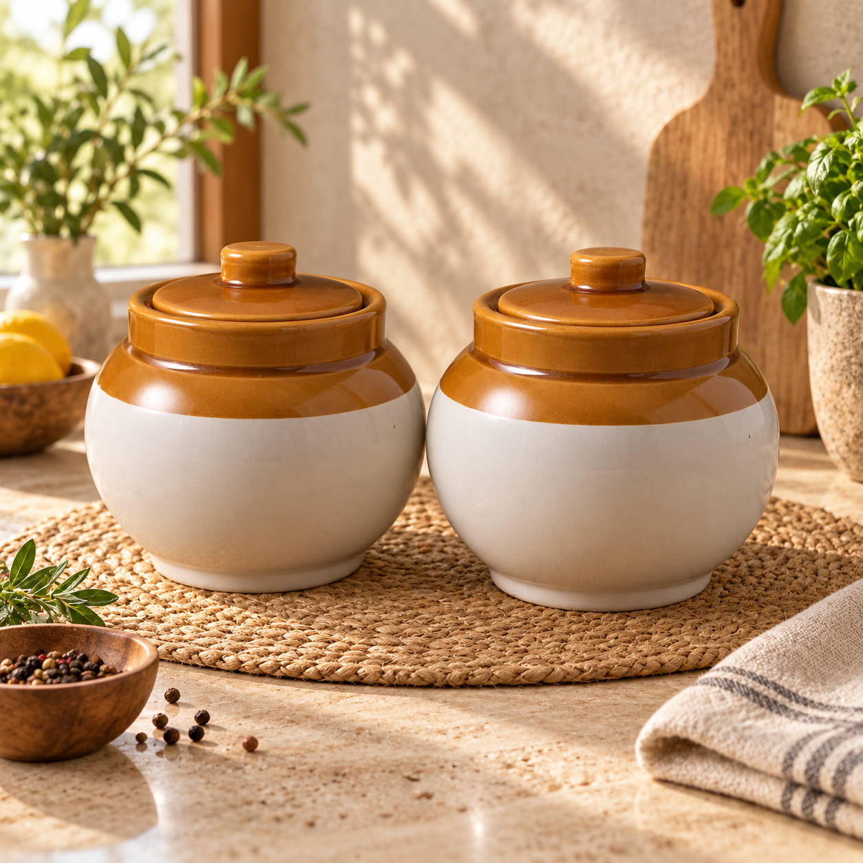 KunhaR Ceramic Storage Jars with Lids, 750 ml Each, Set of 2, White and Brown Barni for Pickles, Spices, Salt and Sugar - Image 2