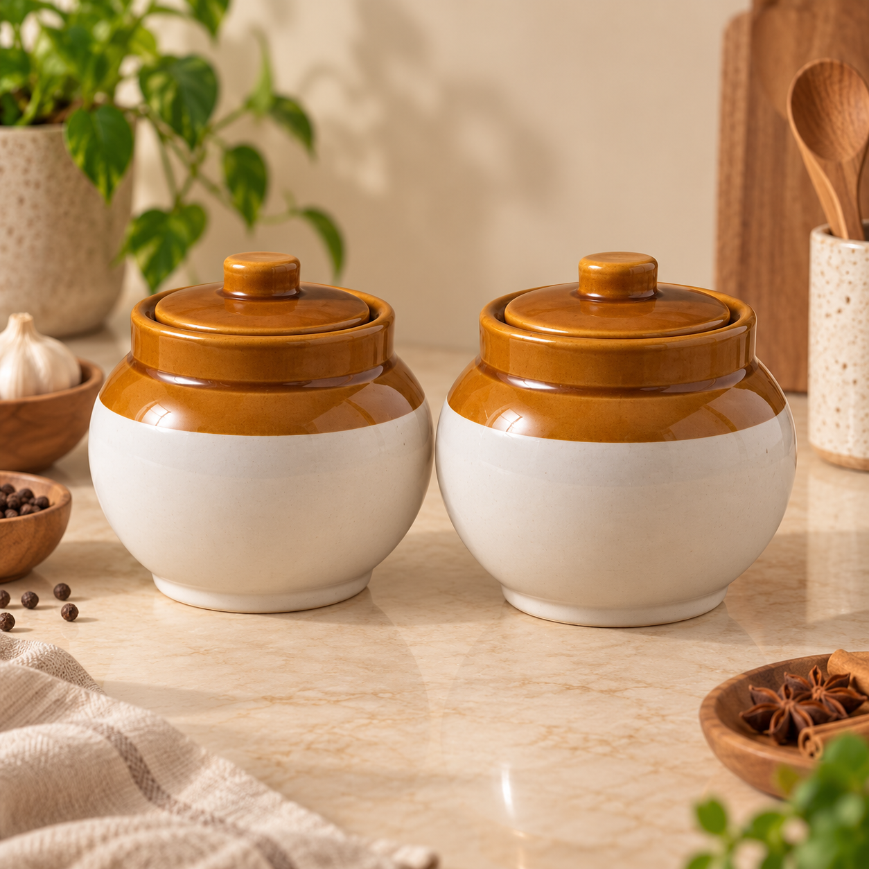 KunhaR Ceramic Storage Jars with Lids, 750 ml Each, Set of 2, White and Brown Barni for Pickles, Spices, Salt and Sugar - Image 3