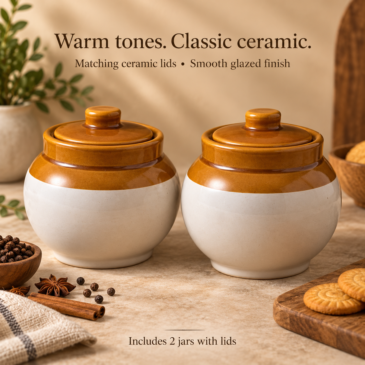 KunhaR Ceramic Storage Jars with Lids, 750 ml Each, Set of 2, White and Brown Barni for Pickles, Spices, Salt and Sugar - Image 4