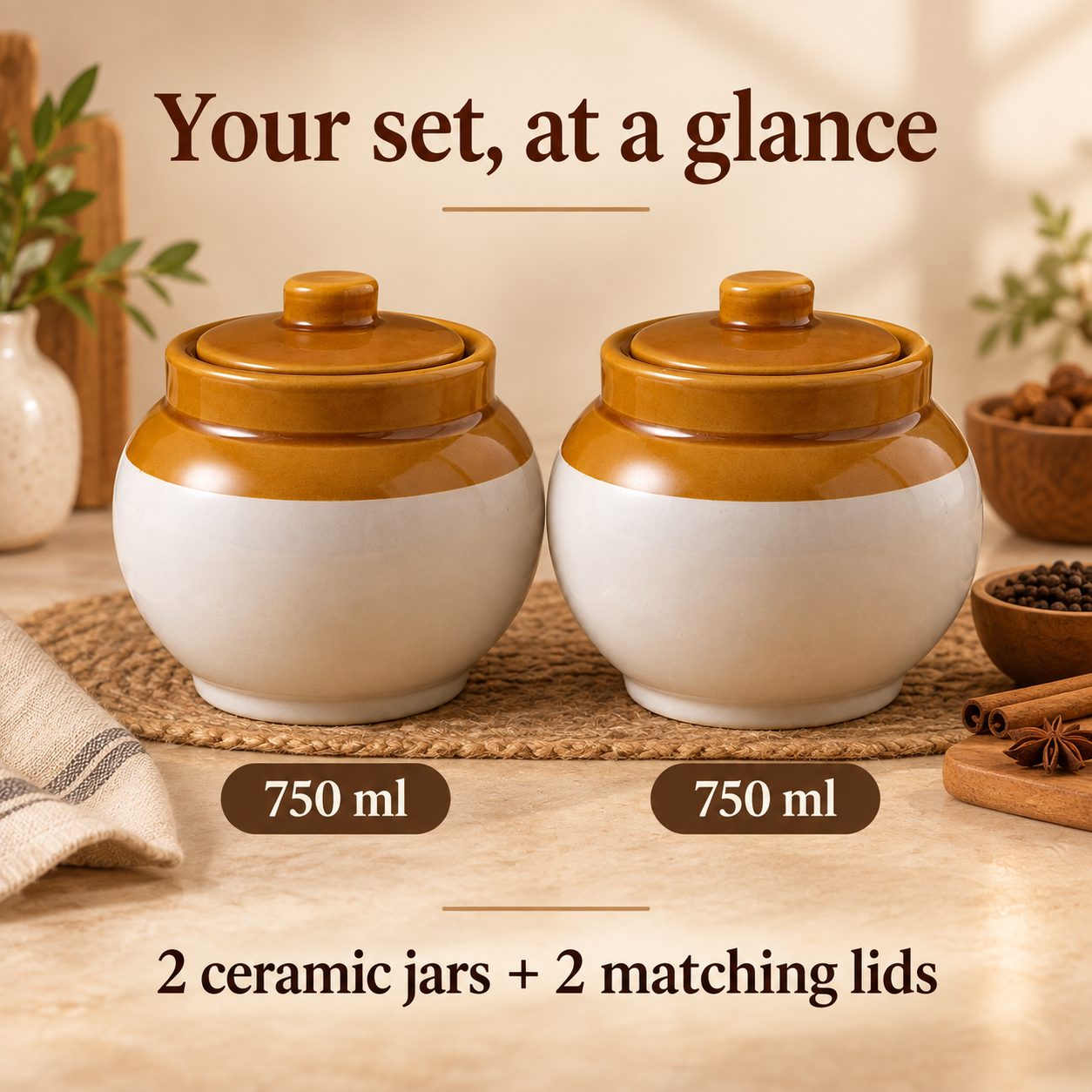 KunhaR Ceramic Storage Jars with Lids, 750 ml Each, Set of 2, White and Brown Barni for Pickles, Spices, Salt and Sugar - Image 6