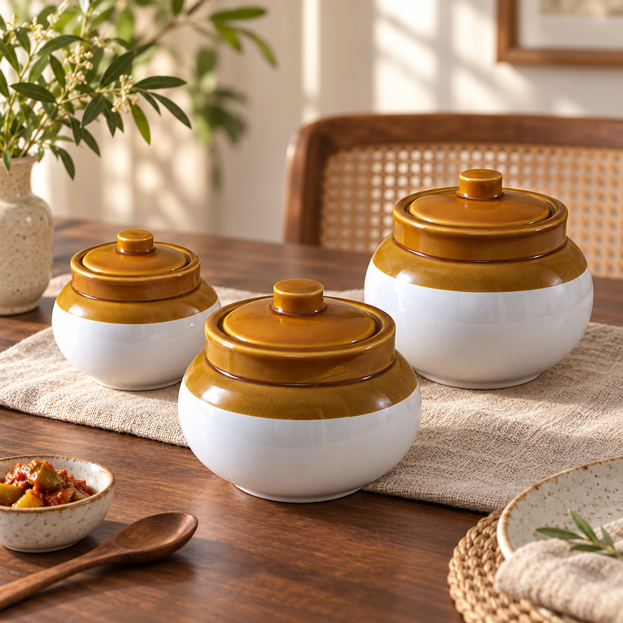KunhaR Ceramic Storage Jars with Lids, 400 ml + 750 ml + 1200 ml, Set of 3, White and Brown Barni for Pickles, Spices, Salt and Sugar