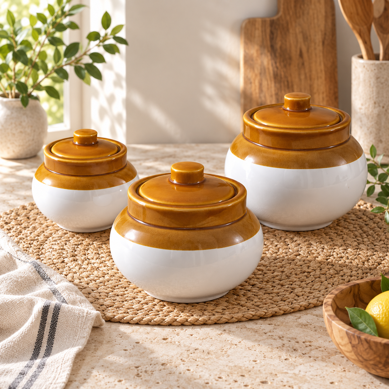 KunhaR Ceramic Storage Jars with Lids, 400 ml + 750 ml + 1200 ml, Set of 3, White and Brown Barni for Pickles, Spices, Salt and Sugar - Image 2