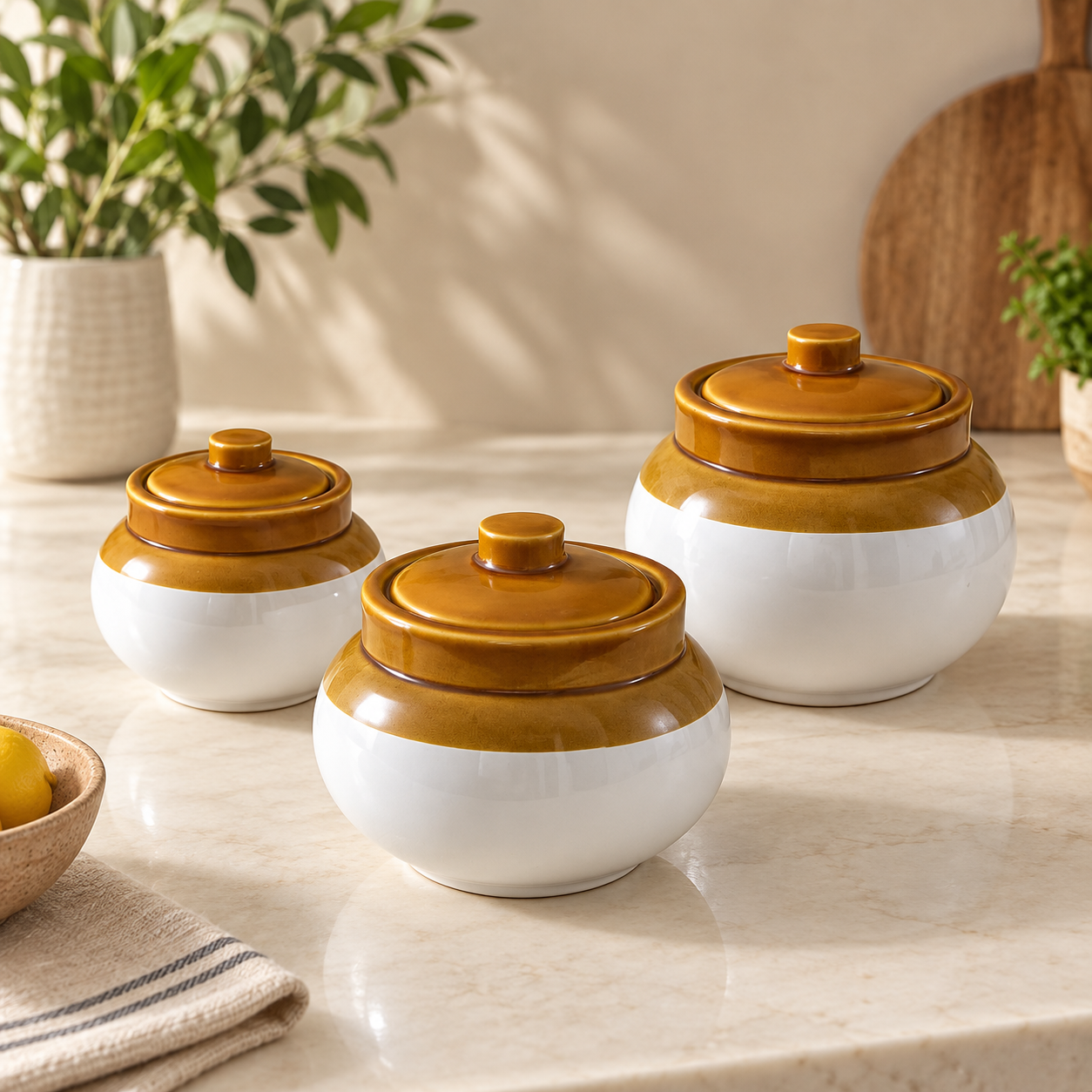 KunhaR Ceramic Storage Jars with Lids, 400 ml + 750 ml + 1200 ml, Set of 3, White and Brown Barni for Pickles, Spices, Salt and Sugar - Image 3