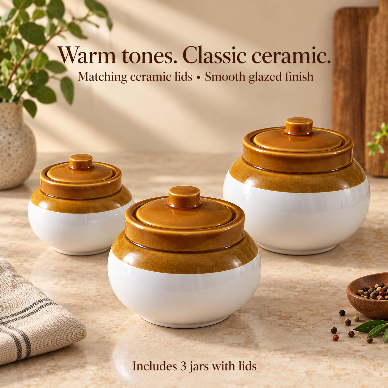 KunhaR Ceramic Storage Jars with Lids, 400 ml + 750 ml + 1200 ml, Set of 3, White and Brown Barni for Pickles, Spices, Salt and Sugar - Image 4