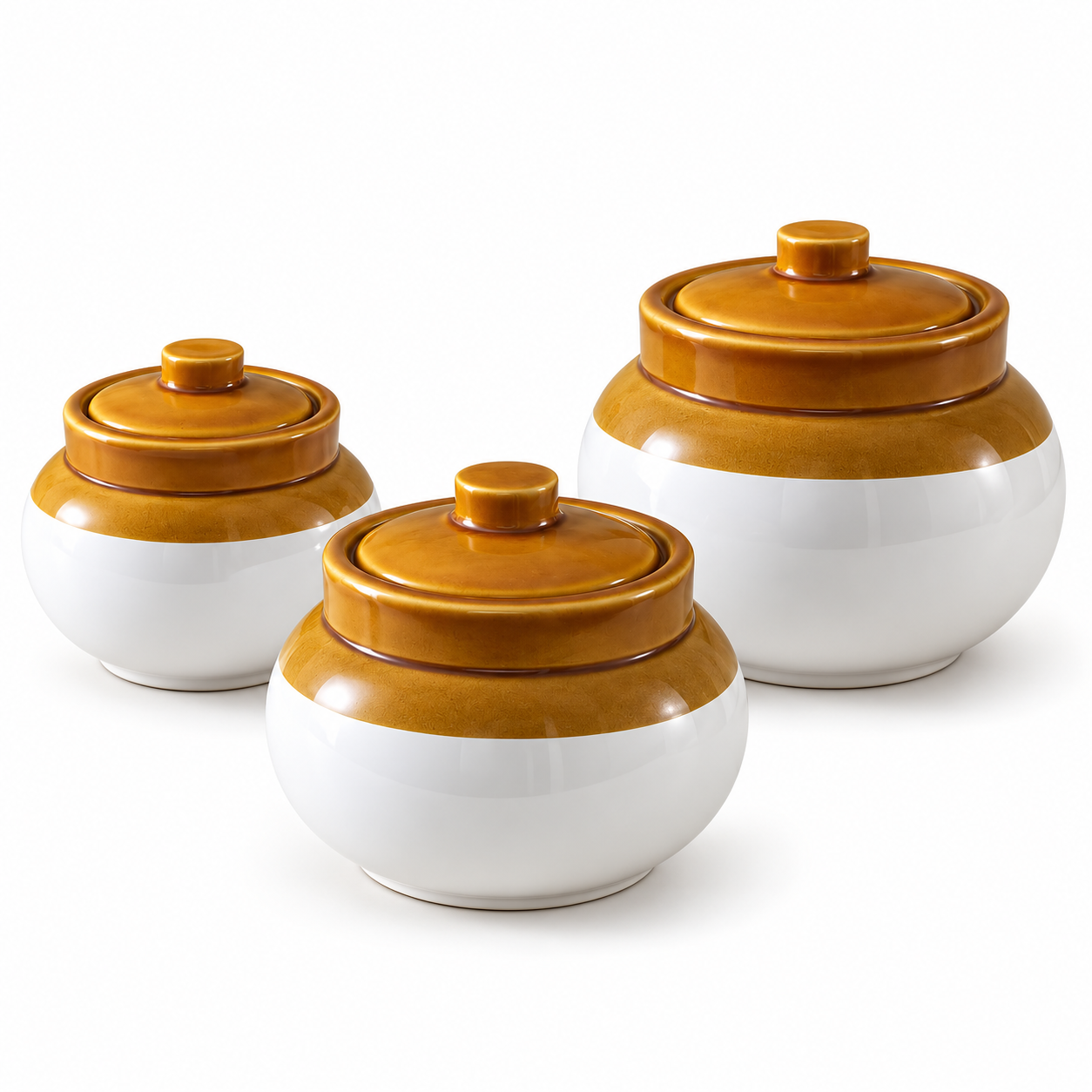 KunhaR Ceramic Storage Jars with Lids, 400 ml + 750 ml + 1200 ml, Set of 3, White and Brown Barni for Pickles, Spices, Salt and Sugar - Image 5