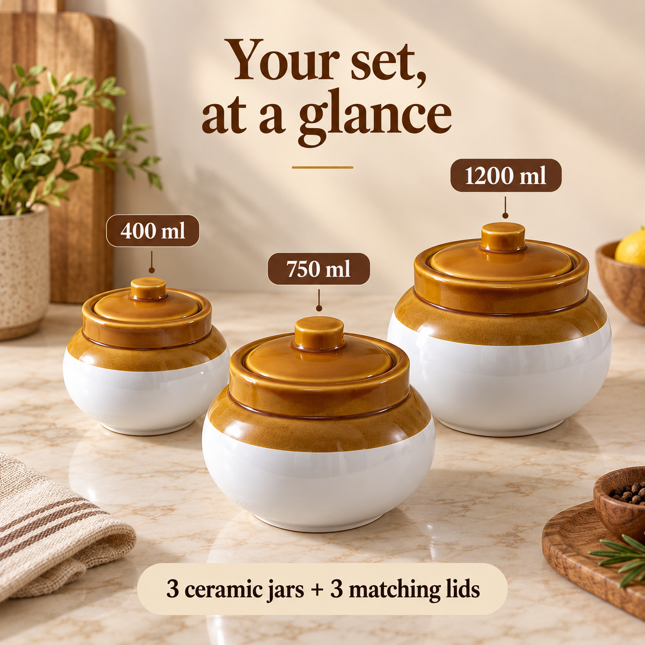 KunhaR Ceramic Storage Jars with Lids, 400 ml + 750 ml + 1200 ml, Set of 3, White and Brown Barni for Pickles, Spices, Salt and Sugar - Image 6