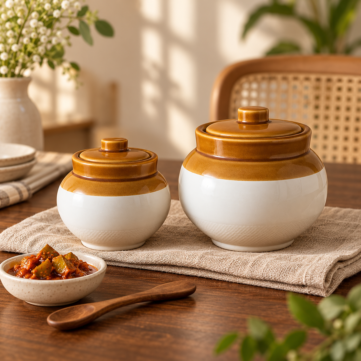 KunhaR Ceramic Storage Jars with Lids, 400 ml + 750 ml, Set of 2, White and Brown Barni for Pickles, Spices, Salt and Sugar