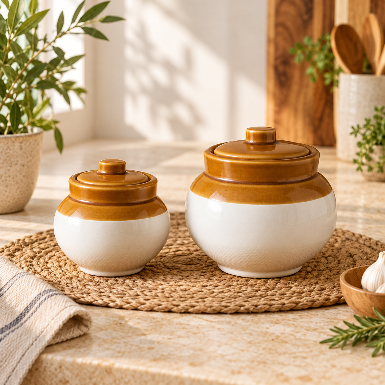 KunhaR Ceramic Storage Jars with Lids, 400 ml + 750 ml, Set of 2, White and Brown Barni for Pickles, Spices, Salt and Sugar - Image 2