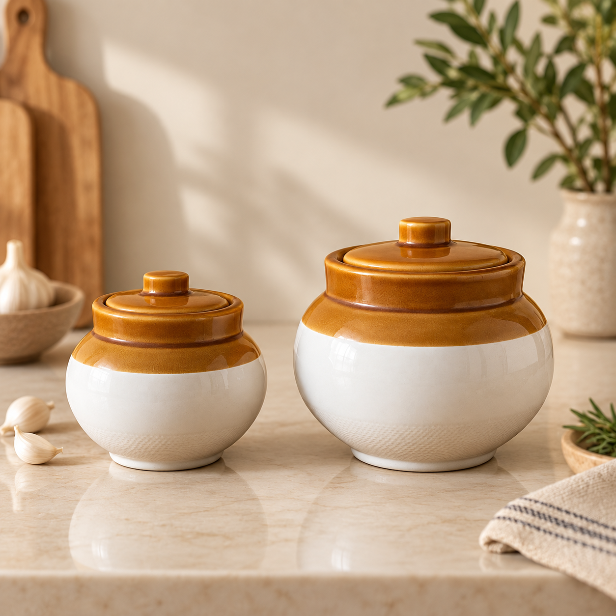 KunhaR Ceramic Storage Jars with Lids, 400 ml + 750 ml, Set of 2, White and Brown Barni for Pickles, Spices, Salt and Sugar - Image 3