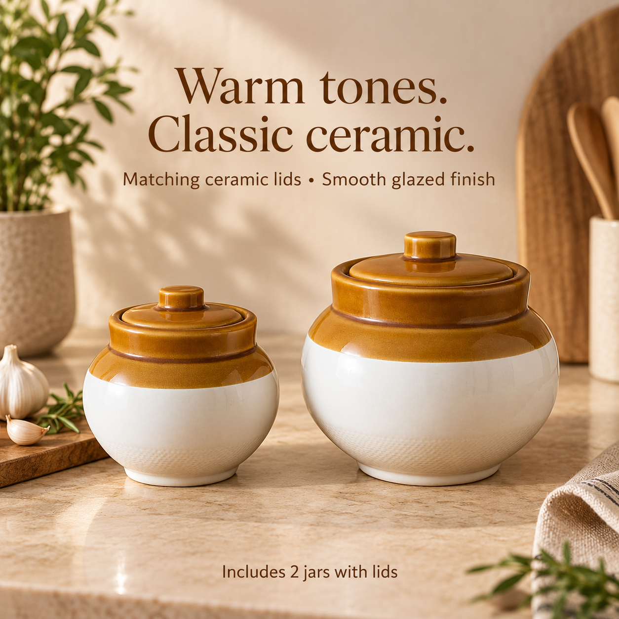 KunhaR Ceramic Storage Jars with Lids, 400 ml + 750 ml, Set of 2, White and Brown Barni for Pickles, Spices, Salt and Sugar - Image 4