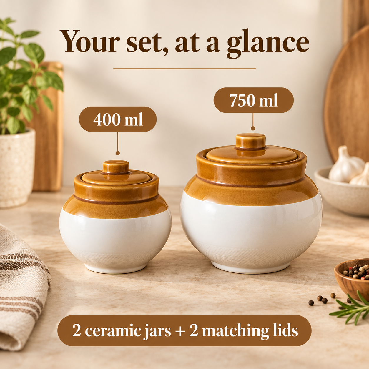 KunhaR Ceramic Storage Jars with Lids, 400 ml + 750 ml, Set of 2, White and Brown Barni for Pickles, Spices, Salt and Sugar - Image 6