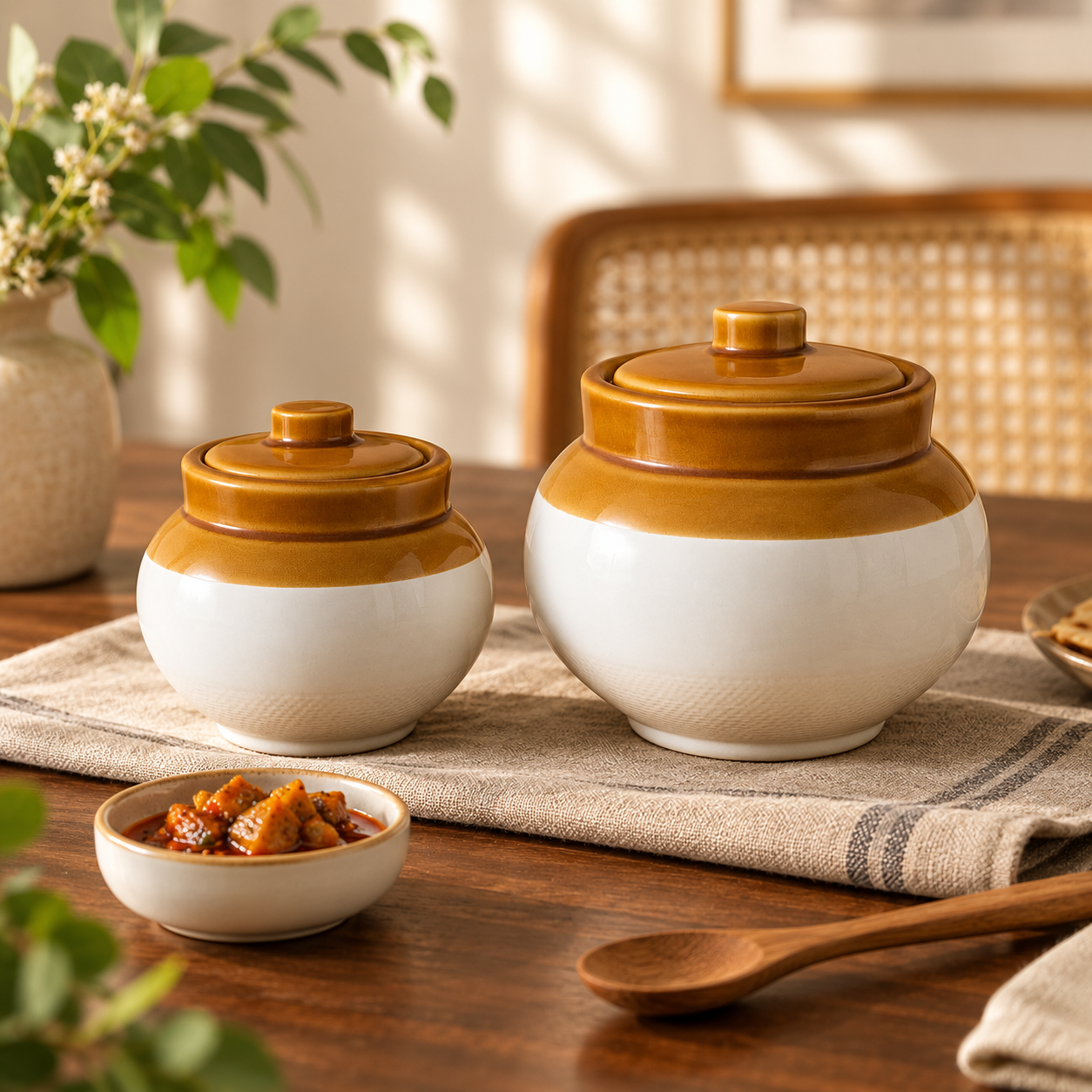 KunhaR Ceramic Storage Jars with Lids, 750 ml + 1200 ml, Set of 2, White and Brown Barni for Pickles, Spices, Salt and Sugar