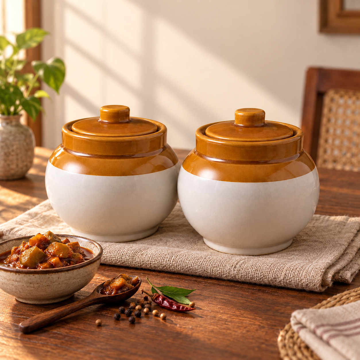 KunhaR Ceramic Storage Jars with Lids, 1200 ml Each, Set of 2, White and Brown Barni for Pickles, Spices, Salt and Sugar
