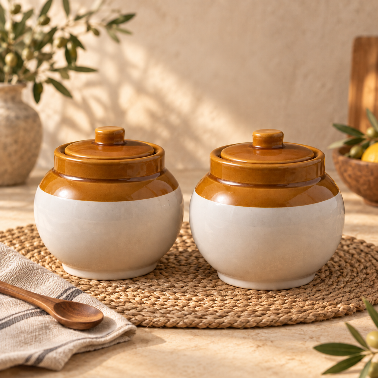 KunhaR Ceramic Storage Jars with Lids, 1200 ml Each, Set of 2, White and Brown Barni for Pickles, Spices, Salt and Sugar - Image 2