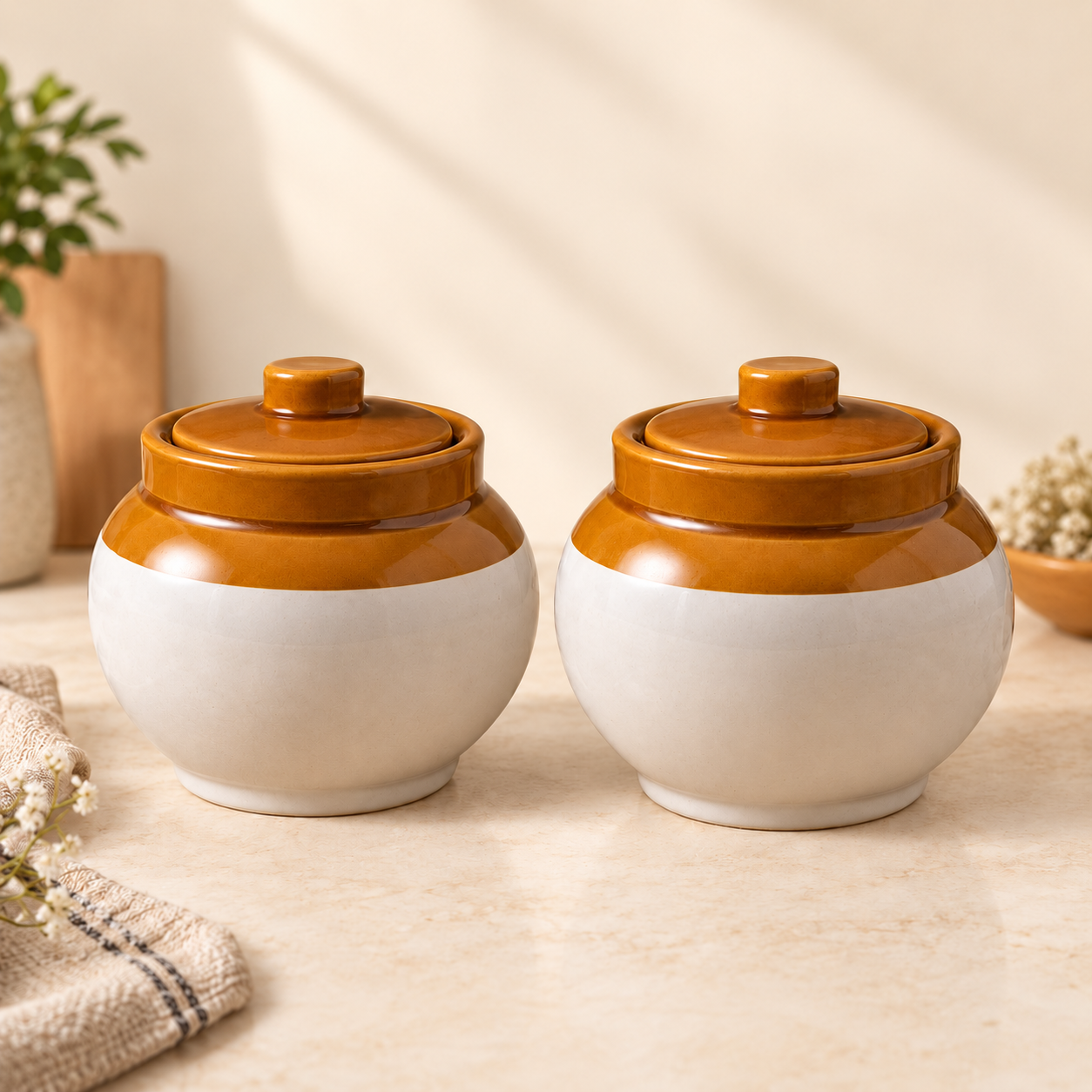 KunhaR Ceramic Storage Jars with Lids, 1200 ml Each, Set of 2, White and Brown Barni for Pickles, Spices, Salt and Sugar - Image 3