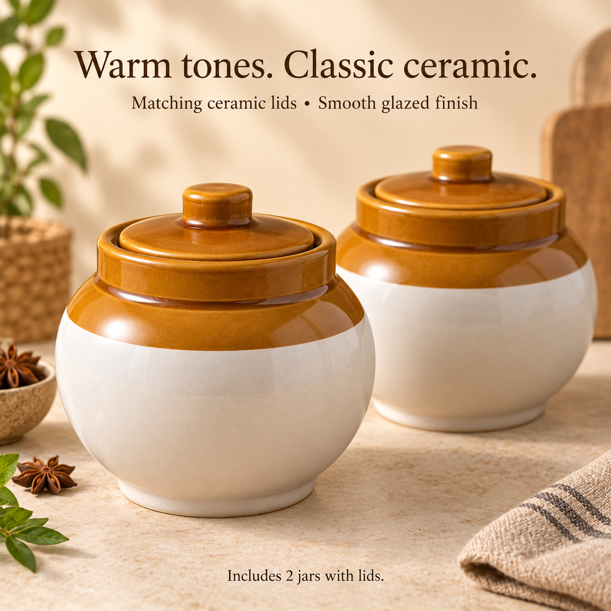 KunhaR Ceramic Storage Jars with Lids, 1200 ml Each, Set of 2, White and Brown Barni for Pickles, Spices, Salt and Sugar - Image 4