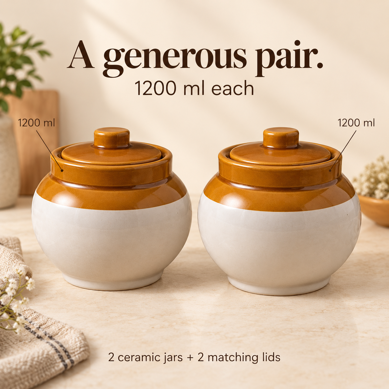 KunhaR Ceramic Storage Jars with Lids, 1200 ml Each, Set of 2, White and Brown Barni for Pickles, Spices, Salt and Sugar - Image 6