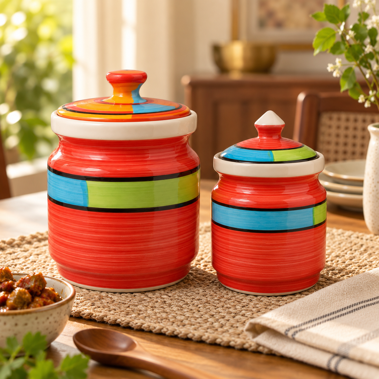 KunhaR Ceramic Jars Pack of 2 (600ML + 1000ML) – Handcrafted Multipurpose Barni with Lid for Pickle, Chutney, Spices, Salt, Sugar – Kitchen Storage Containers, Red