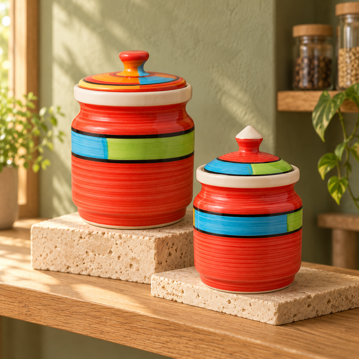 KunhaR Ceramic Jars Pack of 2 (600ML + 1000ML) – Handcrafted Multipurpose Barni with Lid for Pickle, Chutney, Spices, Salt, Sugar – Kitchen Storage Containers, Red - Image 2
