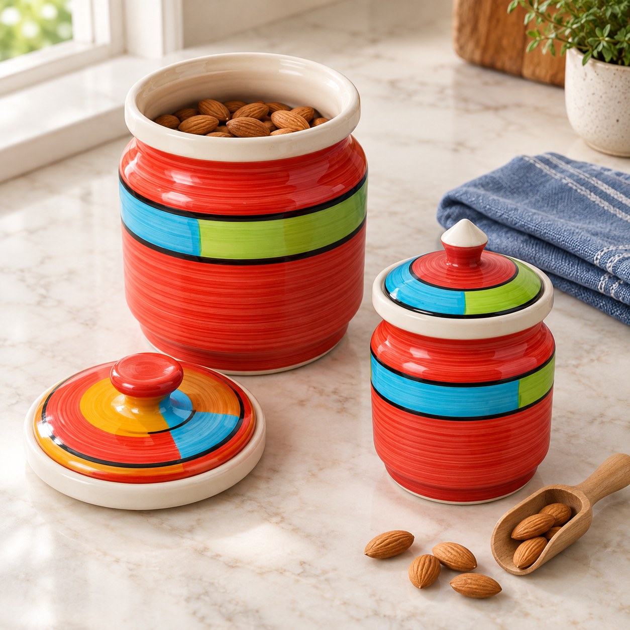 KunhaR Ceramic Jars Pack of 2 (600ML + 1000ML) – Handcrafted Multipurpose Barni with Lid for Pickle, Chutney, Spices, Salt, Sugar – Kitchen Storage Containers, Red - Image 3