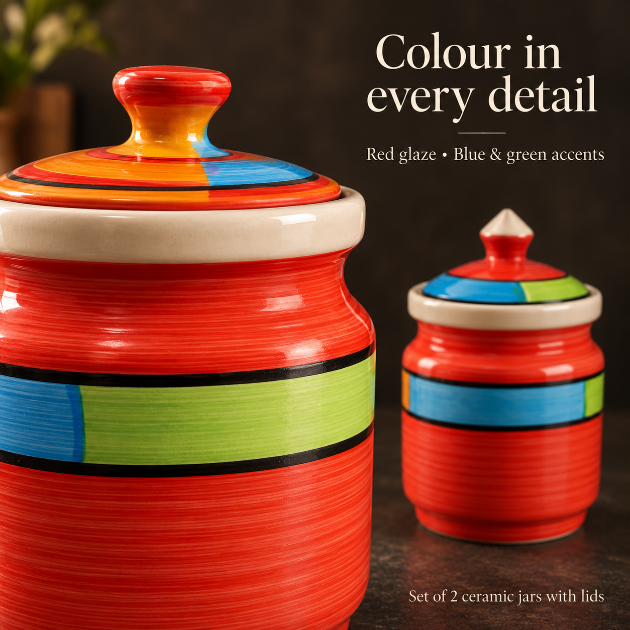 KunhaR Ceramic Jars Pack of 2 (600ML + 1000ML) – Handcrafted Multipurpose Barni with Lid for Pickle, Chutney, Spices, Salt, Sugar – Kitchen Storage Containers, Red - Image 4