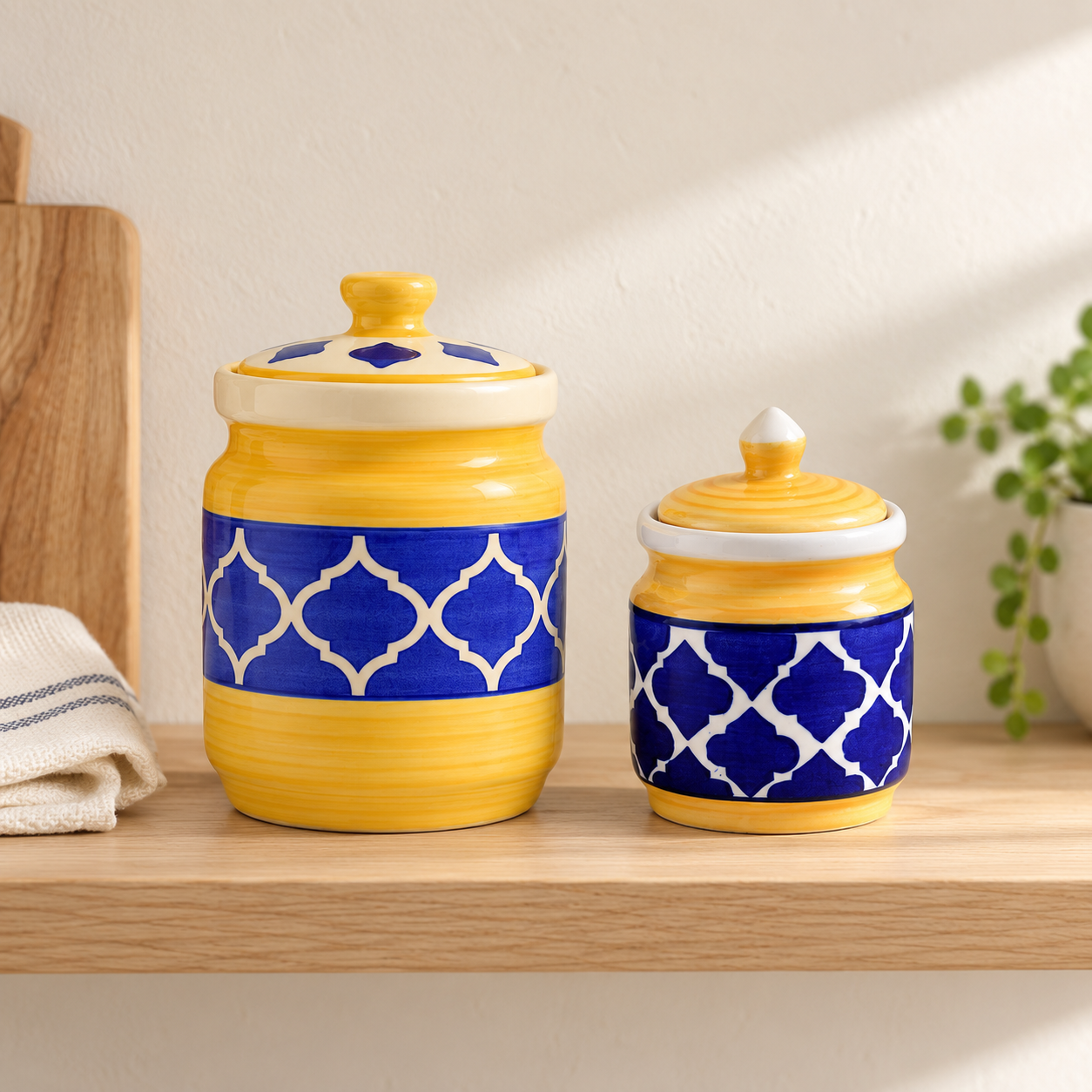 KunhaR Ceramic Jars Pack of 2 (600ML + 1000ML) – Handcrafted Multipurpose Barni with Lid for Pickle, Chutney, Spices, Salt, Sugar – Kitchen Storage Containers, Yellow Blue - Image 2