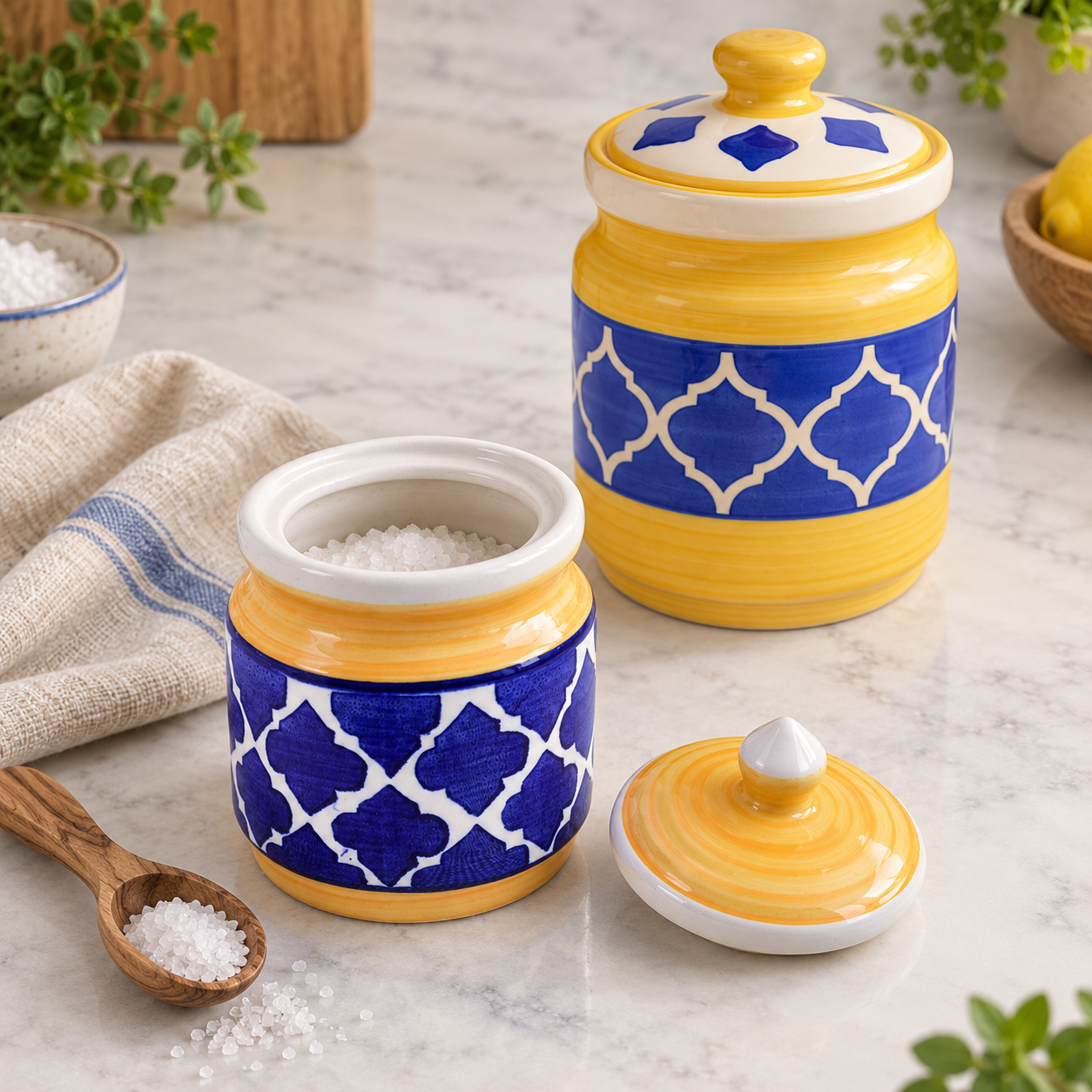 KunhaR Ceramic Jars Pack of 2 (600ML + 1000ML) – Handcrafted Multipurpose Barni with Lid for Pickle, Chutney, Spices, Salt, Sugar – Kitchen Storage Containers, Yellow Blue - Image 3