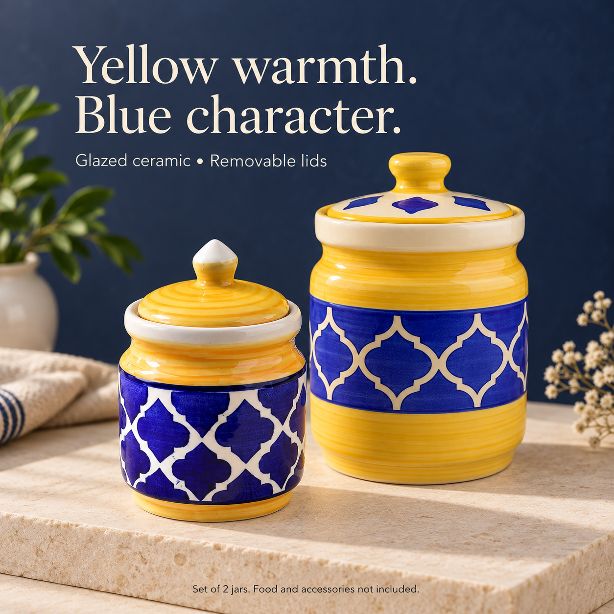 KunhaR Ceramic Jars Pack of 2 (600ML + 1000ML) – Handcrafted Multipurpose Barni with Lid for Pickle, Chutney, Spices, Salt, Sugar – Kitchen Storage Containers, Yellow Blue - Image 4