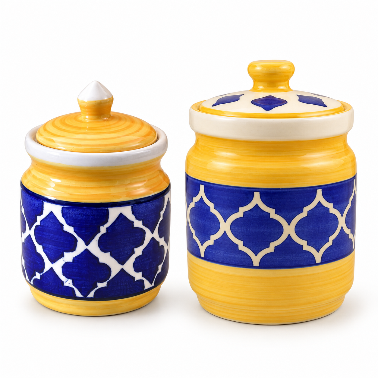 KunhaR Ceramic Jars Pack of 2 (600ML + 1000ML) – Handcrafted Multipurpose Barni with Lid for Pickle, Chutney, Spices, Salt, Sugar – Kitchen Storage Containers, Yellow Blue - Image 5
