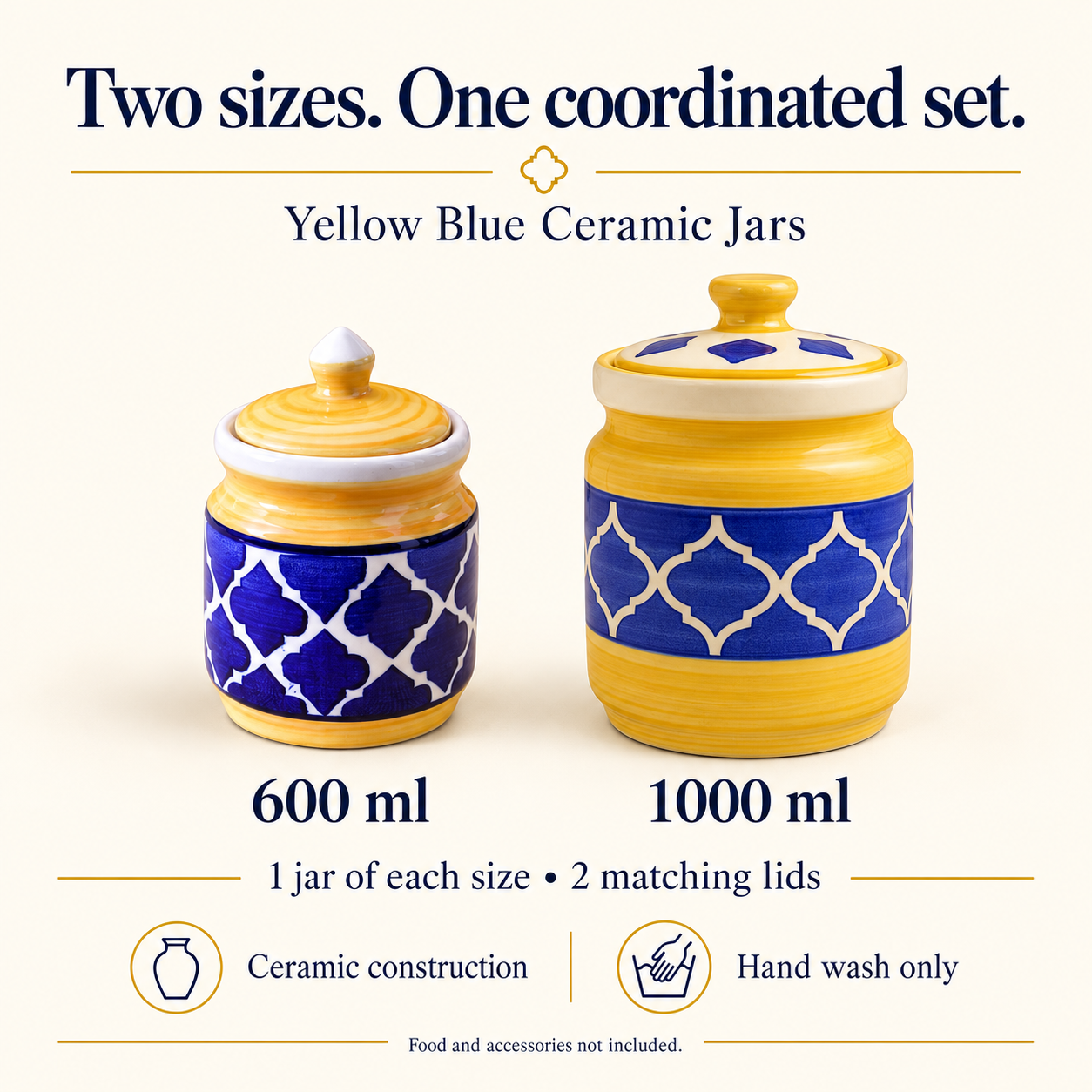 KunhaR Ceramic Jars Pack of 2 (600ML + 1000ML) – Handcrafted Multipurpose Barni with Lid for Pickle, Chutney, Spices, Salt, Sugar – Kitchen Storage Containers, Yellow Blue - Image 6