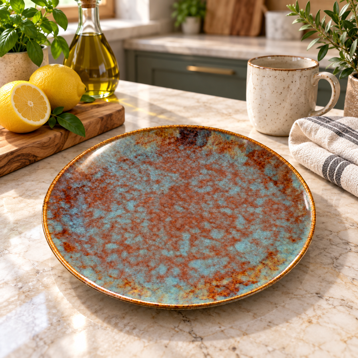 Kunhar Ceramic Dinner Plate 10 Inch | Ocean Teal Reactive Glaze with Dark Brown Rim | Premium Stoneware | Microwave & Dishwasher Safe, Pack of 1