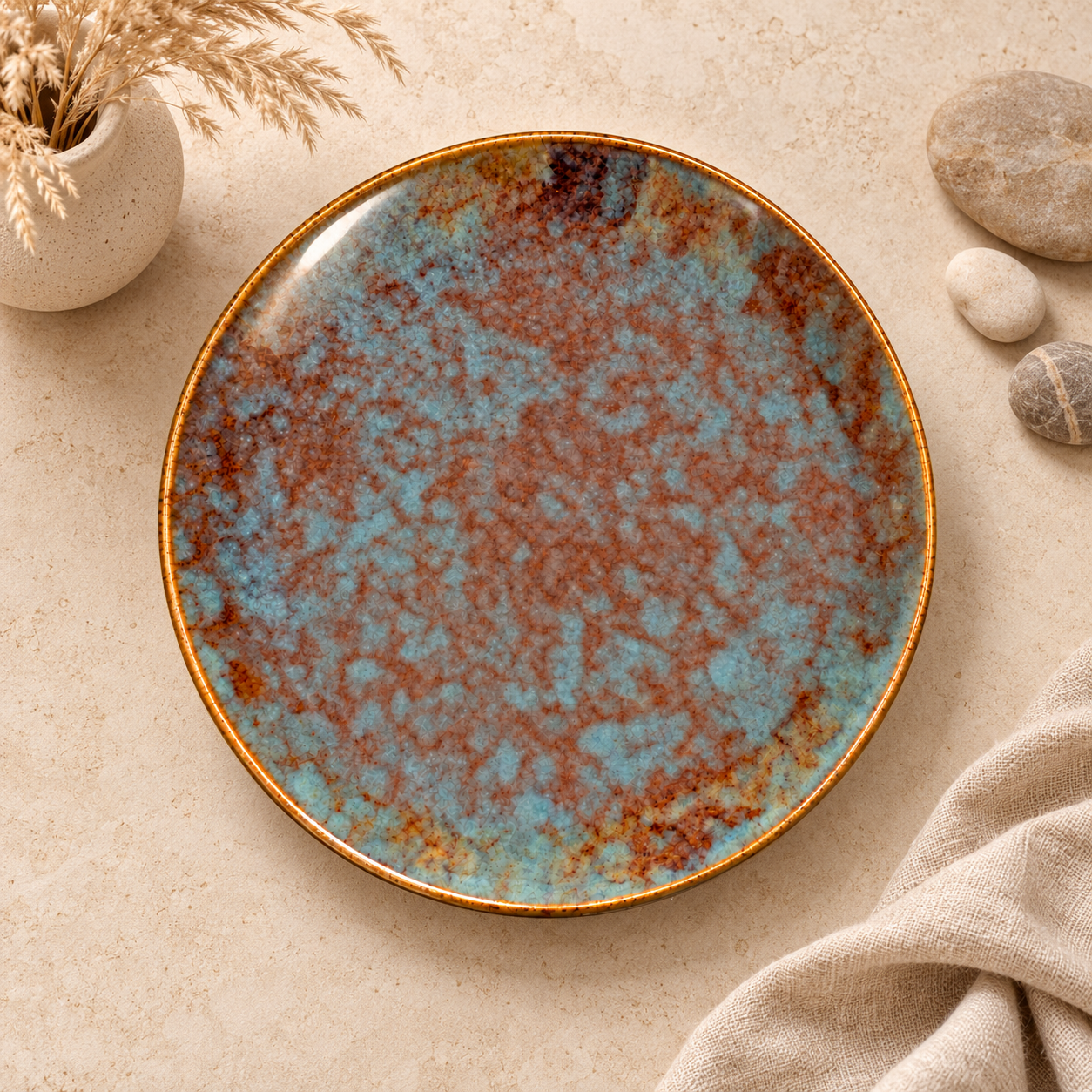 Kunhar Ceramic Dinner Plate 10 Inch | Ocean Teal Reactive Glaze with Dark Brown Rim | Premium Stoneware | Microwave & Dishwasher Safe, Pack of 1 - Image 2
