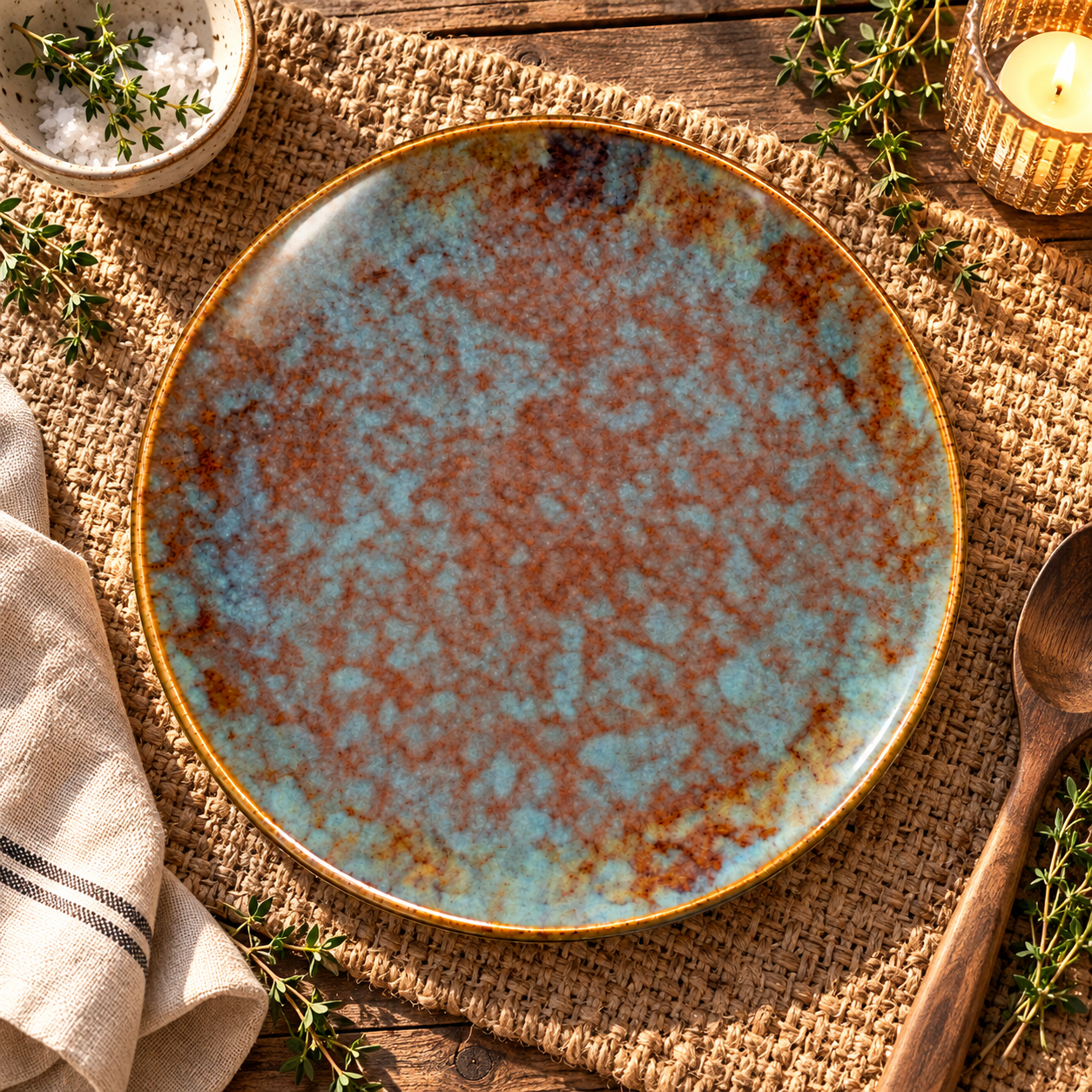 Kunhar Ceramic Dinner Plate 10 Inch | Ocean Teal Reactive Glaze with Dark Brown Rim | Premium Stoneware | Microwave & Dishwasher Safe, Pack of 1 - Image 5