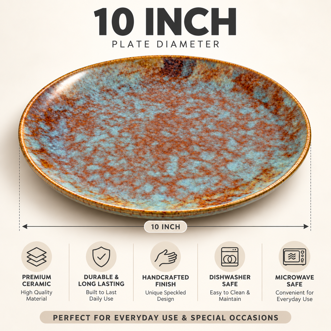 Kunhar Ceramic Dinner Plate 10 Inch | Ocean Teal Reactive Glaze with Dark Brown Rim | Premium Stoneware | Microwave & Dishwasher Safe, Pack of 1 - Image 6