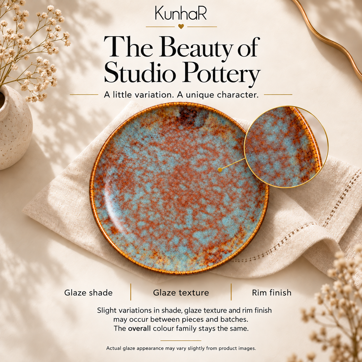 Kunhar Ceramic Dinner Plate 10 Inch | Ocean Teal Reactive Glaze with Dark Brown Rim | Premium Stoneware | Microwave & Dishwasher Safe, Pack of 1 - Image 7
