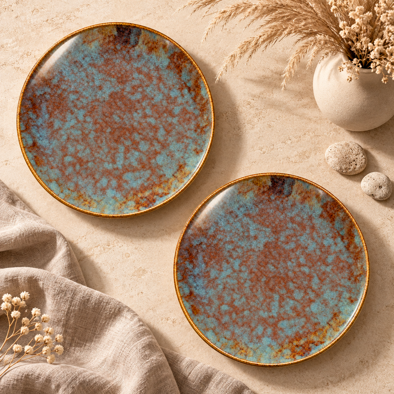 Kunhar Ceramic Quarter Plates Set of 2, 7 Inch | Ocean Teal Reactive Glaze with Dark Brown Rim | Premium Glazed Stoneware | Microwave & Dishwasher Safe - Image 2